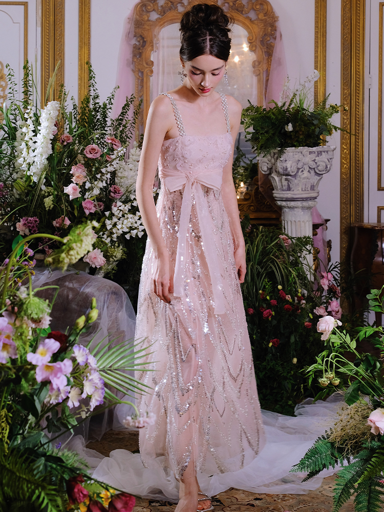 Pink Dream Embroidered Beads Sequins Diamond Chain Halter Dress Long - Image 5