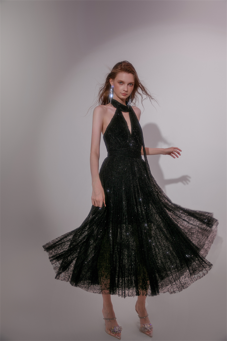 Black Silver Flower Lace Shiny Drapes Pleated Neck Dress