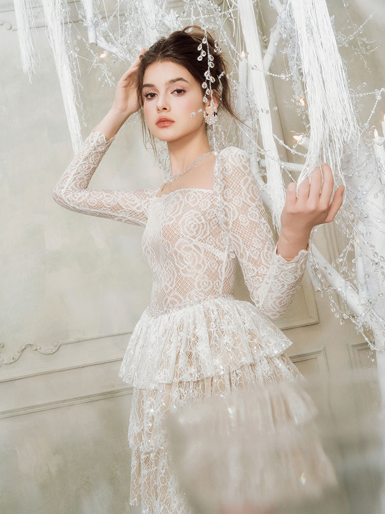 Diamond Embroidered Lace Long Sleeve Princess Dress - Image 4