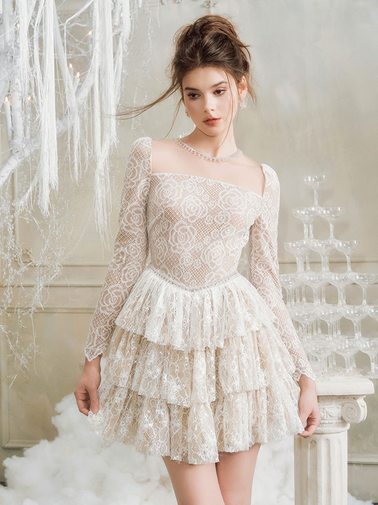 Diamond Embroidered Lace Long Sleeve Princess Dress