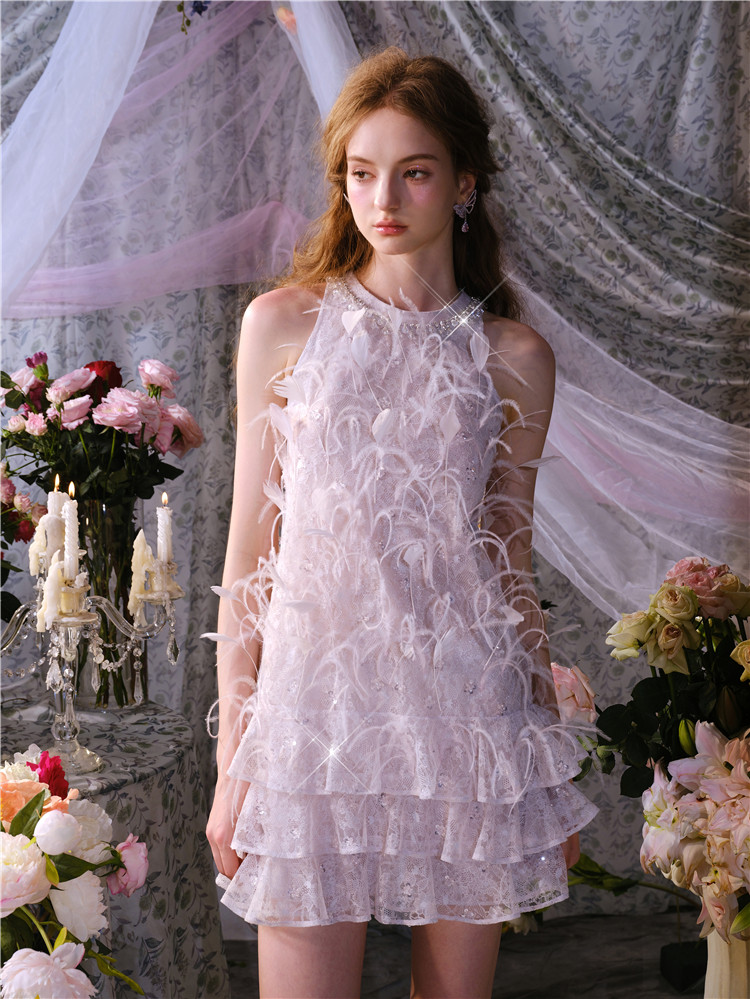 Small Gown Embroidered Sequin Feather Embellished Sleeveless Dress - Image 4