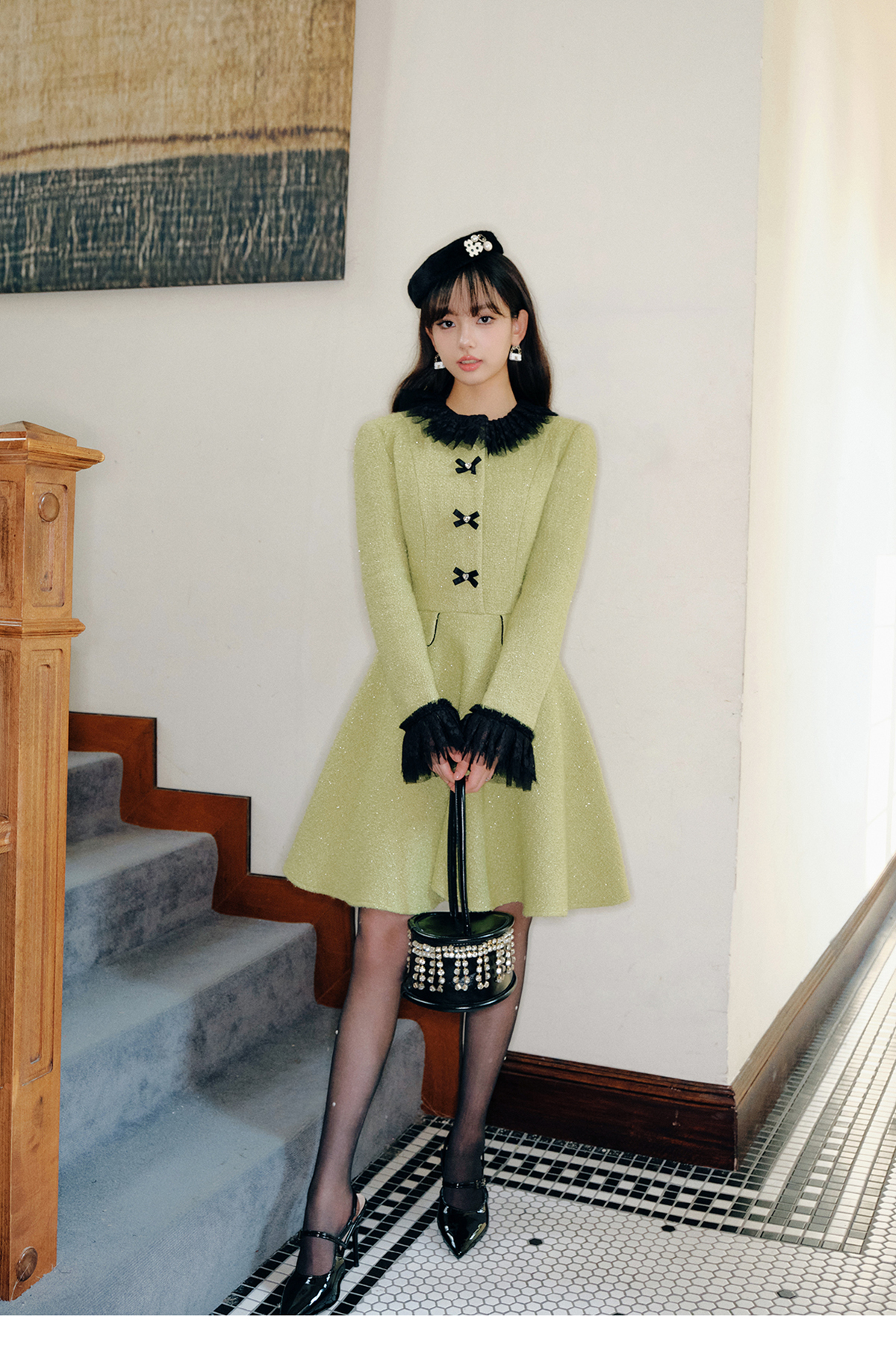 Dress Fruit Green Tweed Patchwork Black Lace Skirt - Image 7