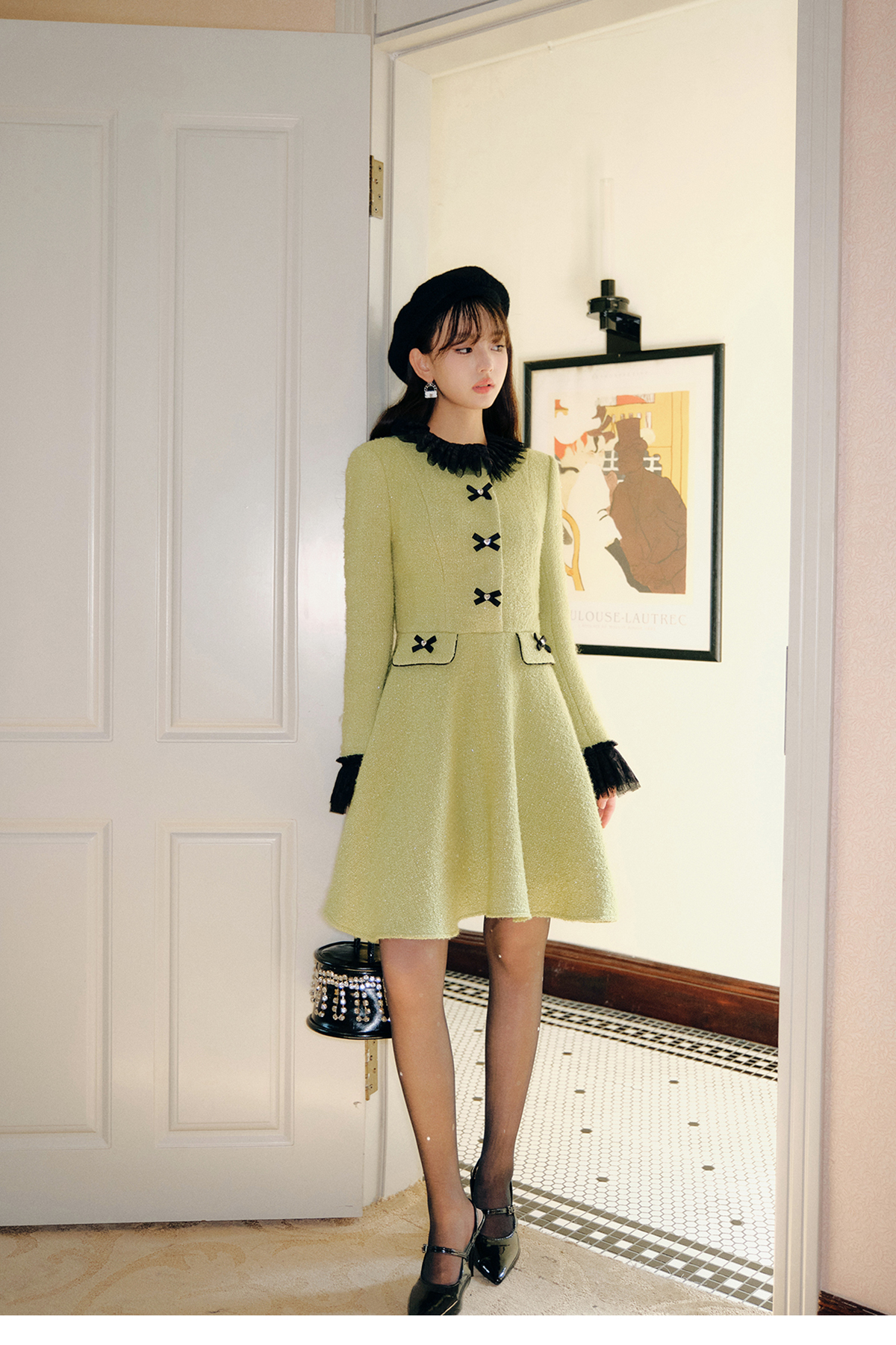Dress Fruit Green Tweed Patchwork Black Lace Skirt - Image 6