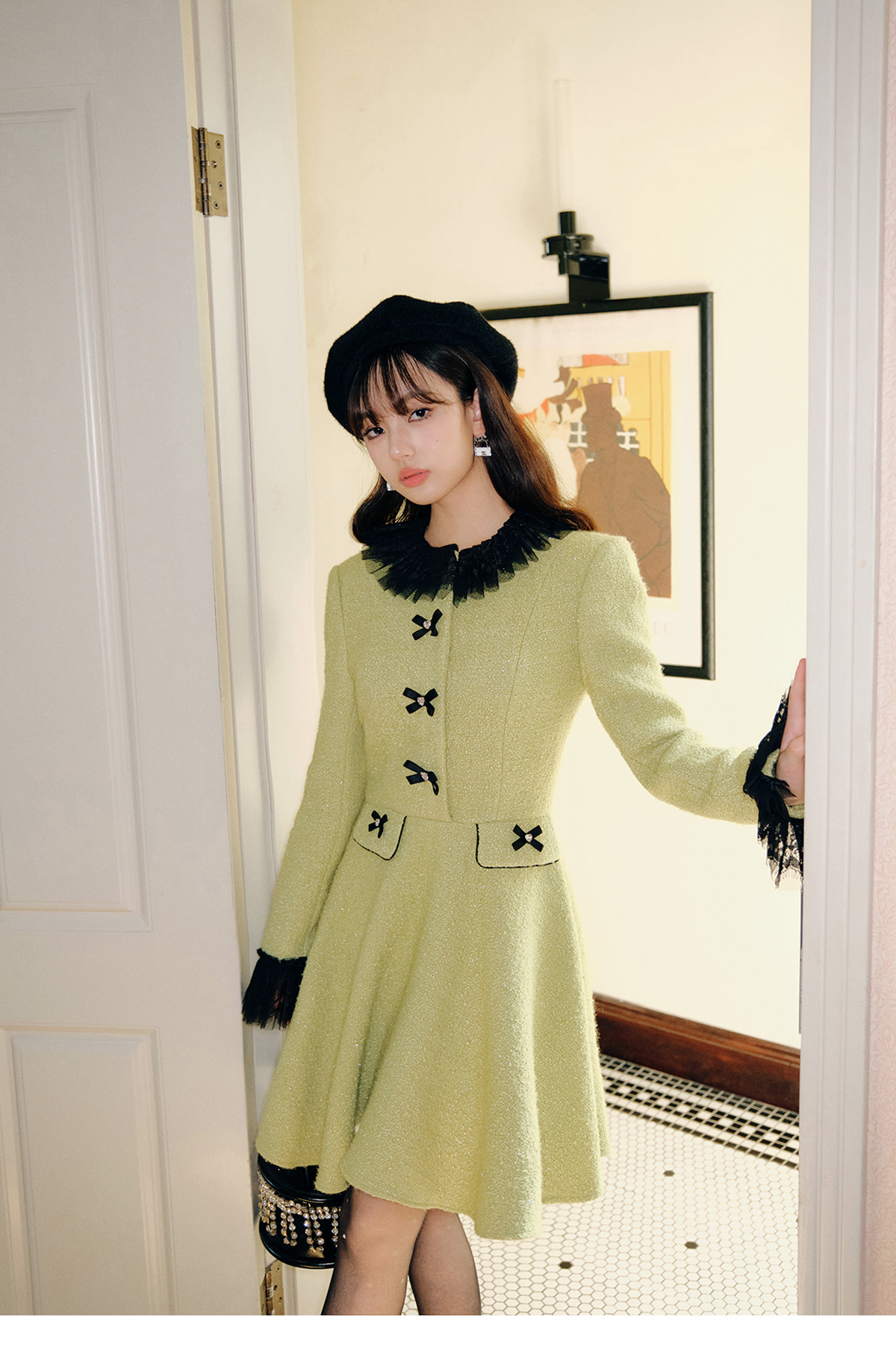 Dress Fruit Green Tweed Patchwork Black Lace Skirt - Image 5
