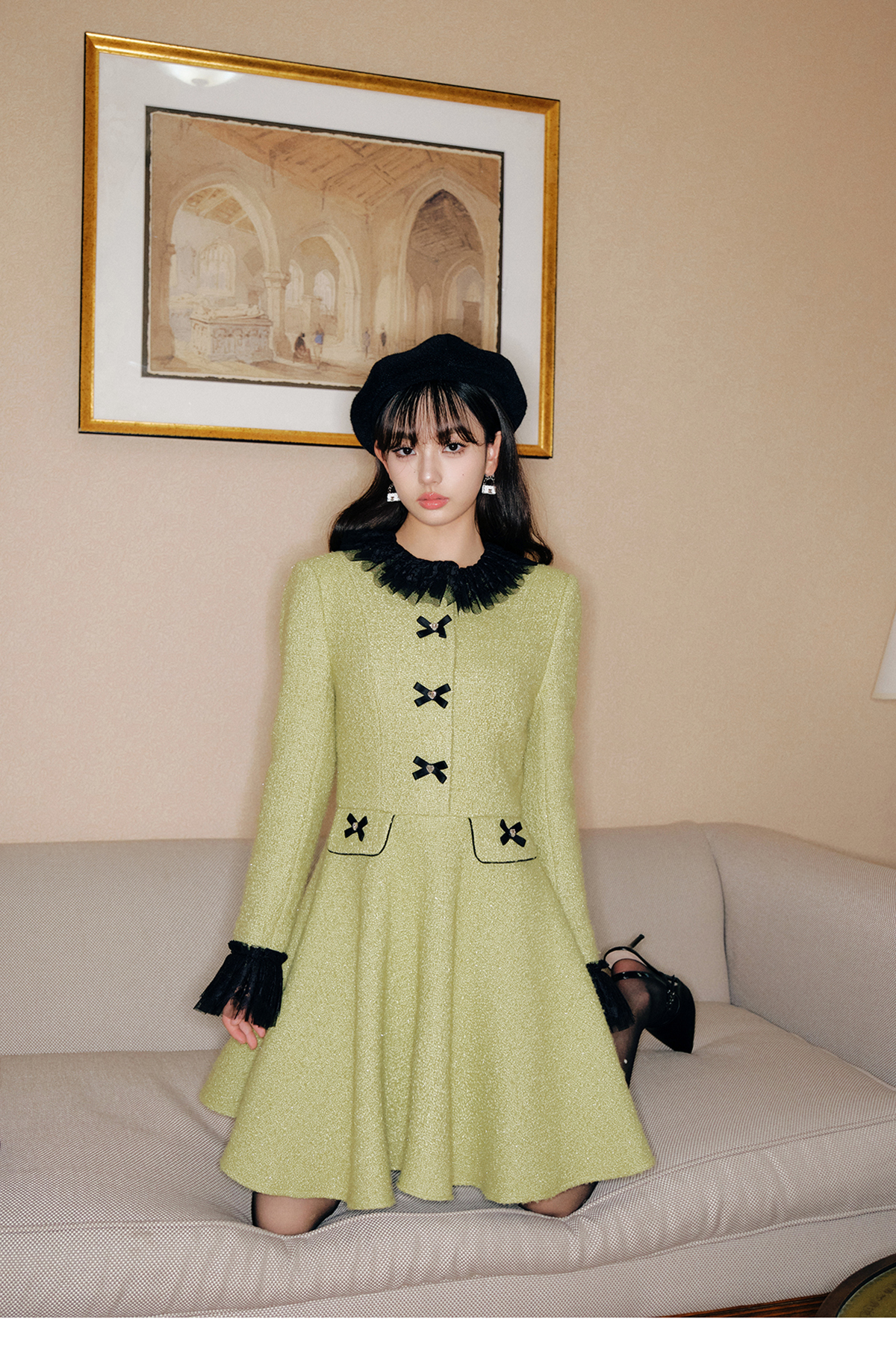 Dress Fruit Green Tweed Patchwork Black Lace Skirt - Image 4