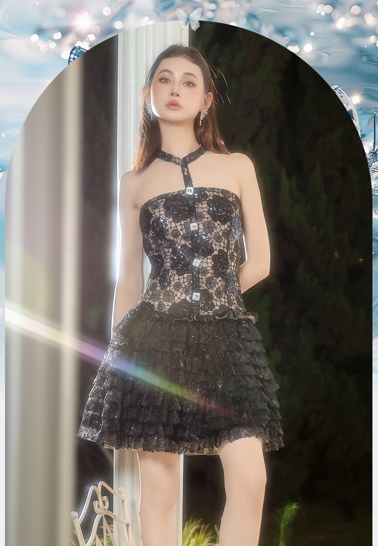 Highlighted Black & White Gown With Lace And Rose Embroidery Dress