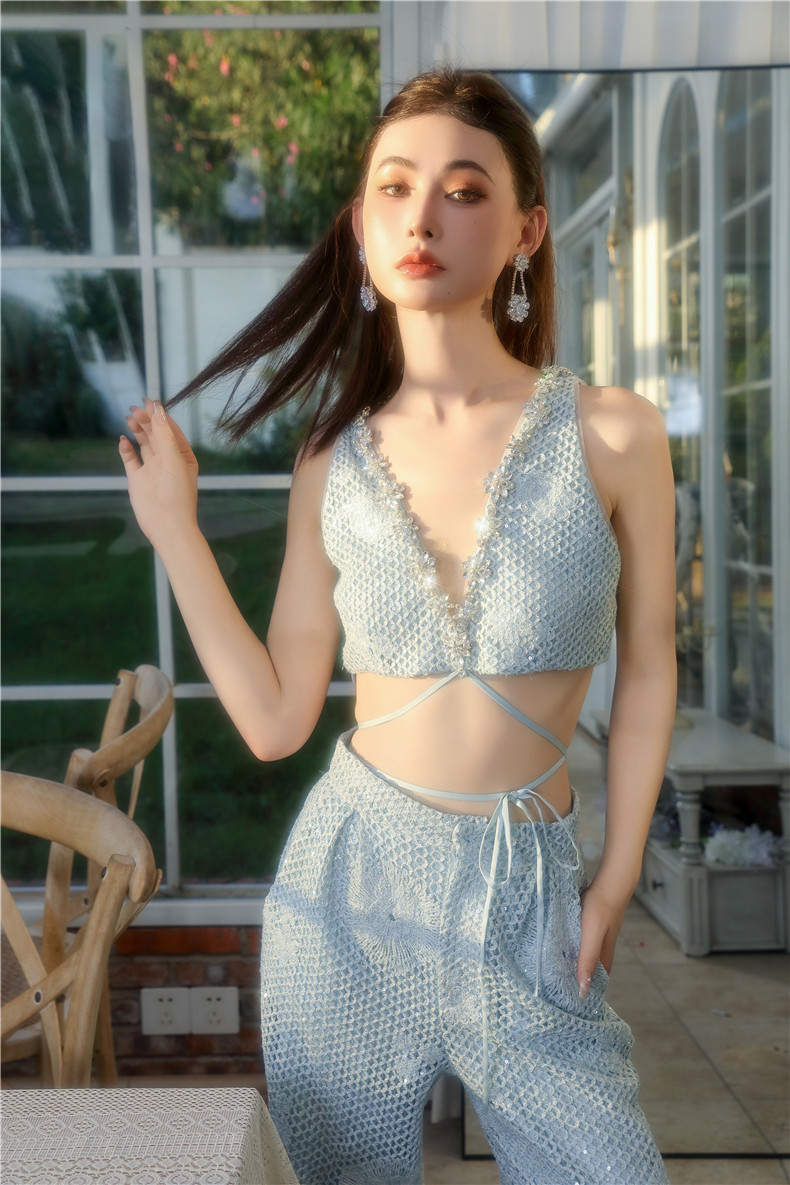 High Definition Sweet & Spicy 2-Piece Shiny Silk Crochet Embroidered Diamond Chain Set