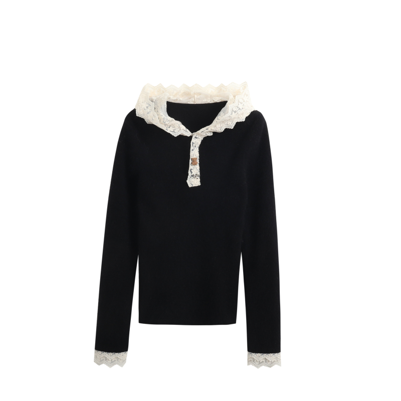 Lace Patchwork Raccoon Fleece Soft Knit Hoodie - Image 8