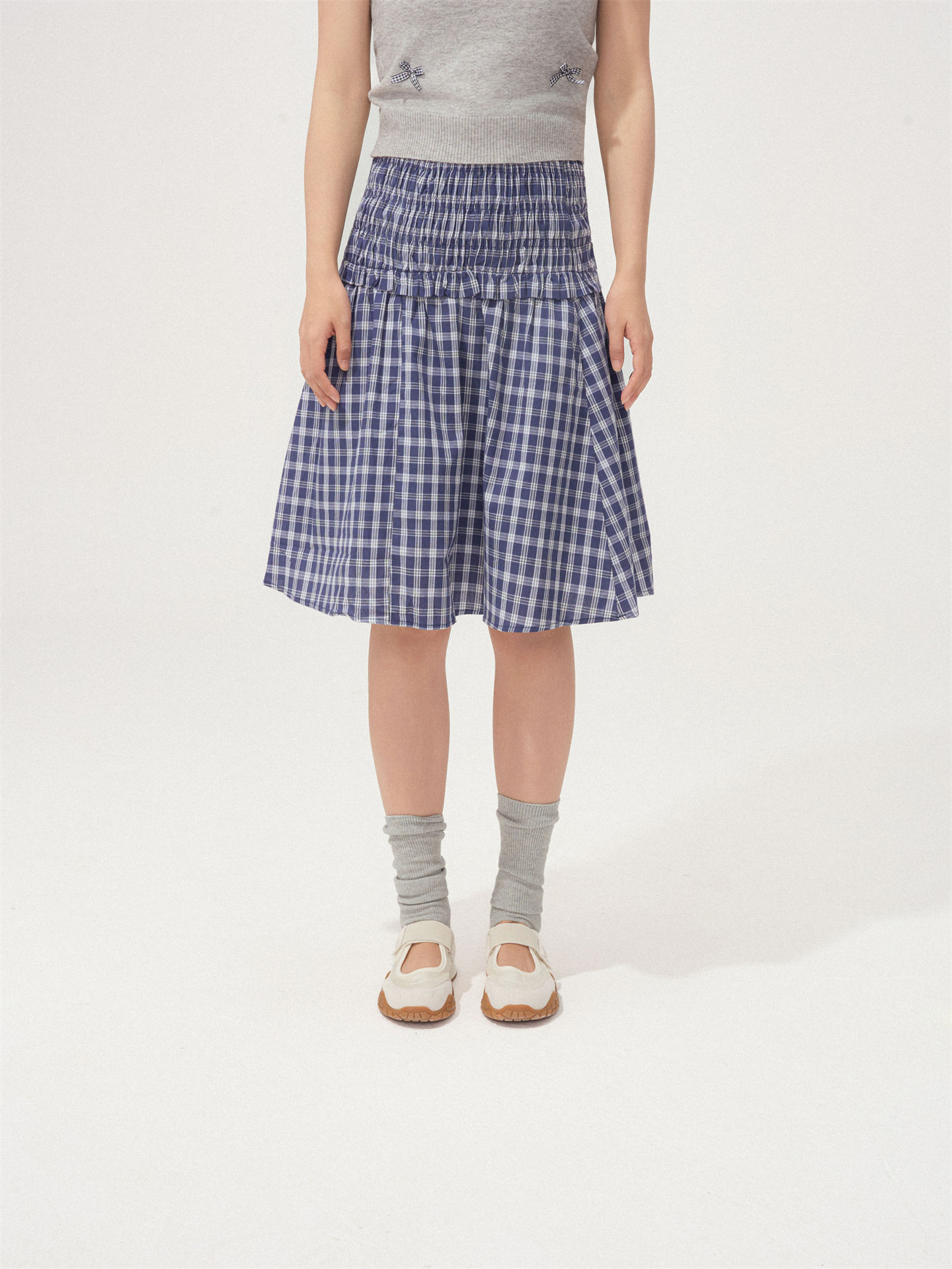 Two-Way Elasticated Wooden Ear Trimmed Plaid Sheath Dress