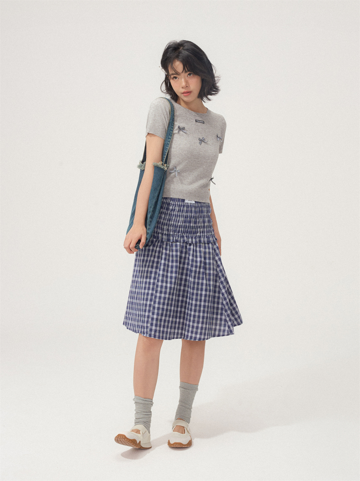 Two-Way Elasticated Wooden Ear Trimmed Plaid Sheath Dress - Image 4
