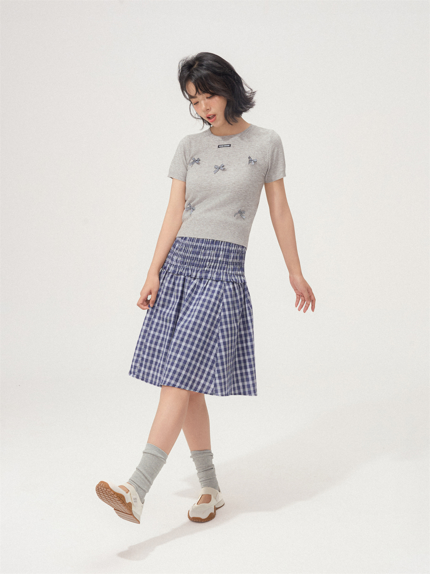 Two-Way Elasticated Wooden Ear Trimmed Plaid Sheath Dress - Image 5