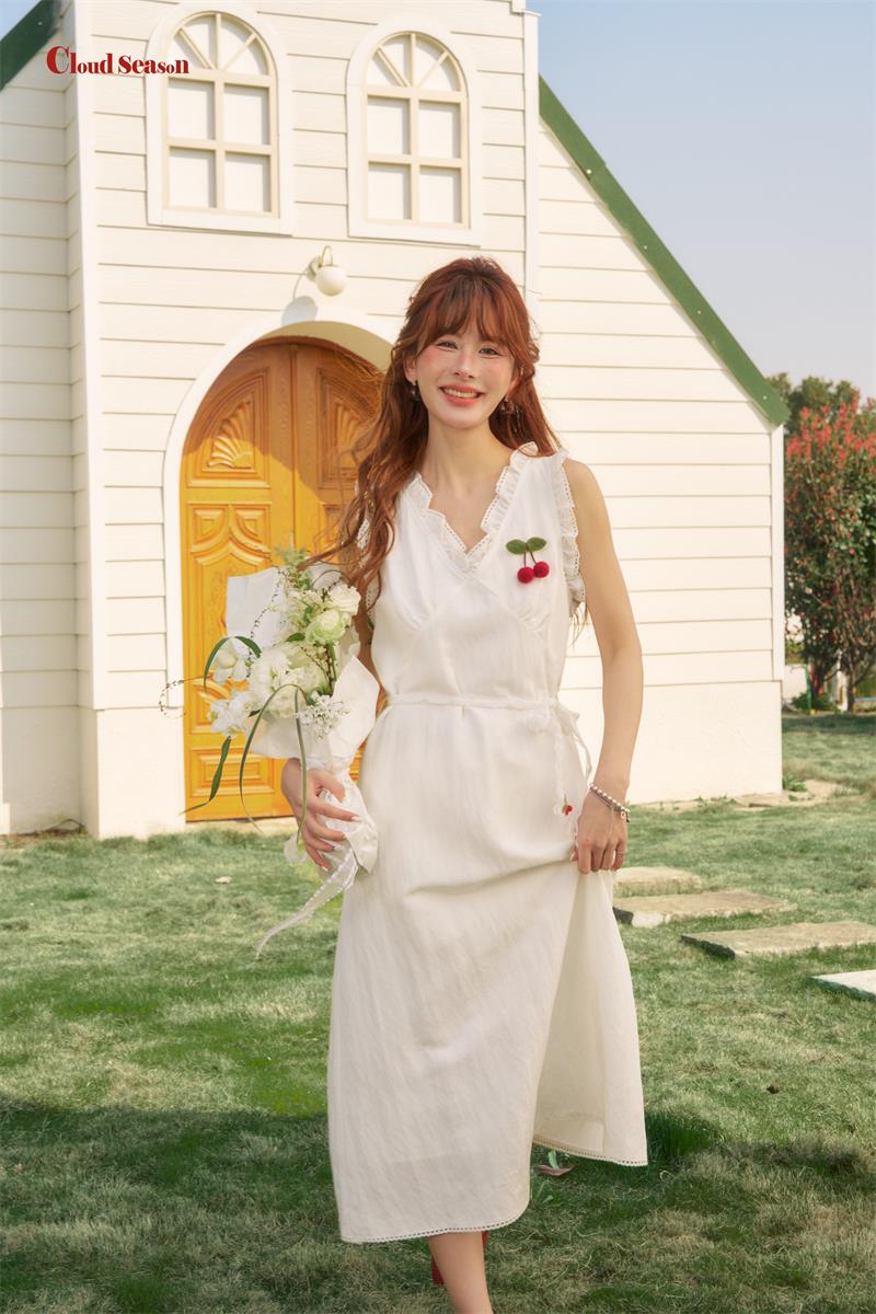 White Cherry Tie Waisted V-Neck Dress