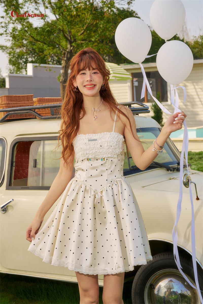 Cream Rhinestone Polka Dot Range Design Halter Dress
