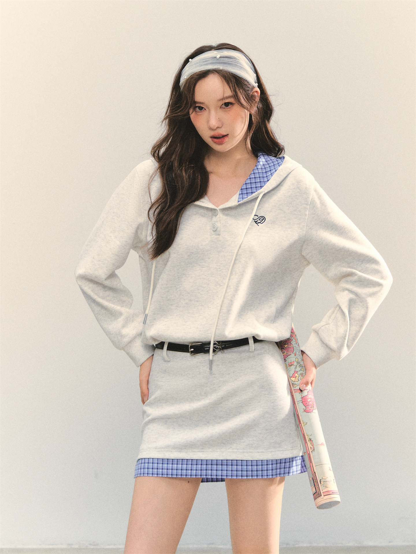Embroidered Check Patchwork Hooded Sweatshirt Dress