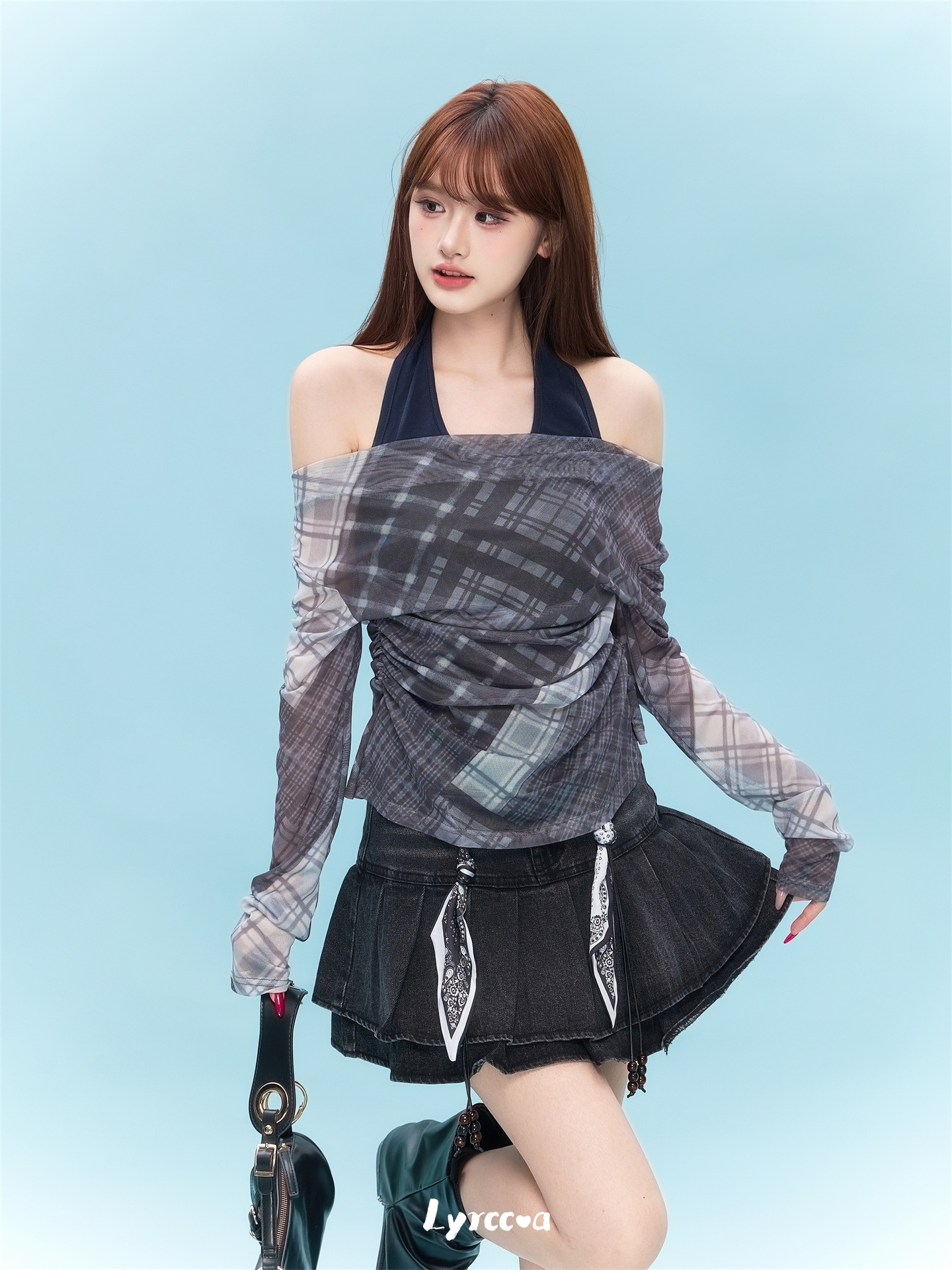 Faux Two-Piece Halterneck Mesh Long-Sleeved T-Shirt - Image 3