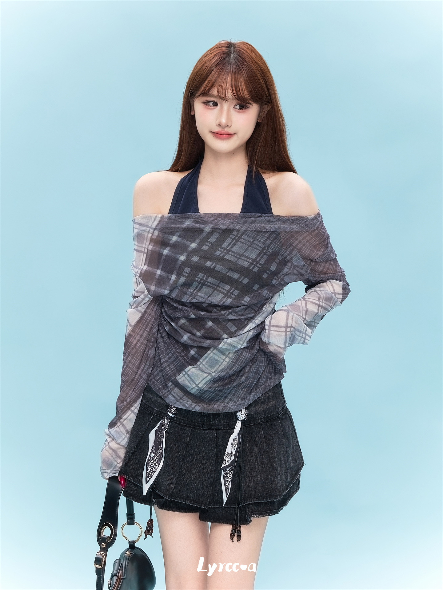 Faux Two-Piece Halterneck Mesh Long-Sleeved T-Shirt - Image 2
