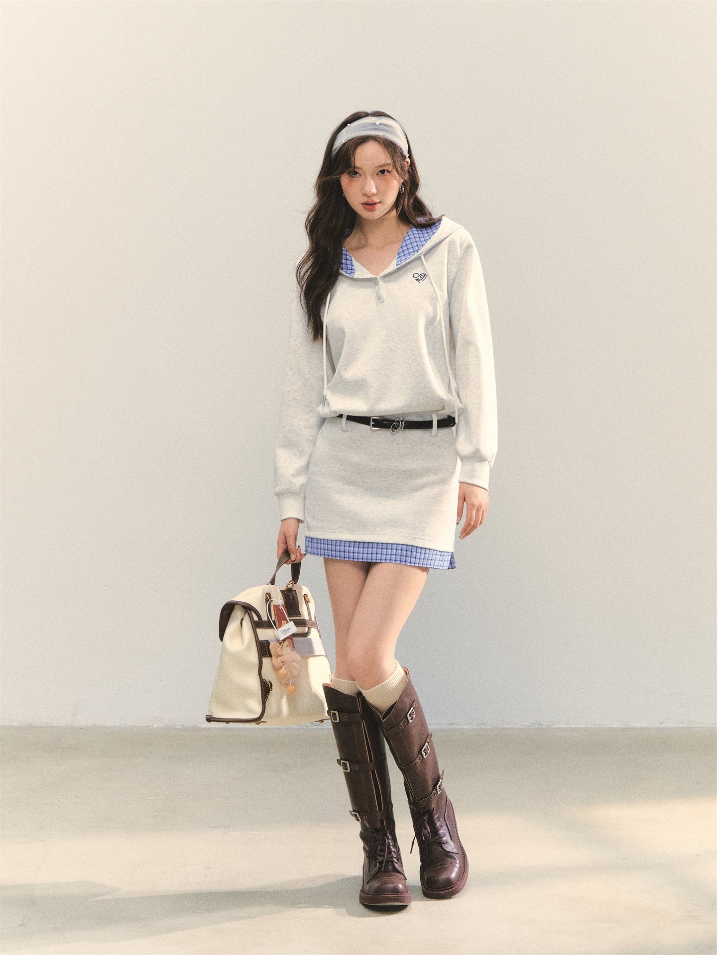 Embroidered Check Patchwork Hooded Sweatshirt Dress - Image 7