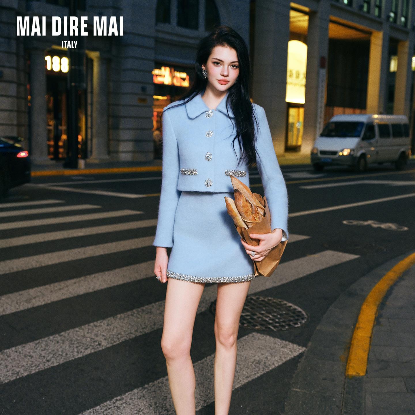 40% Wool Double-Faced Tweed Diamond Chain Collar Long-Sleeved Jacket High-Waisted Pencil Skirt - Image 4