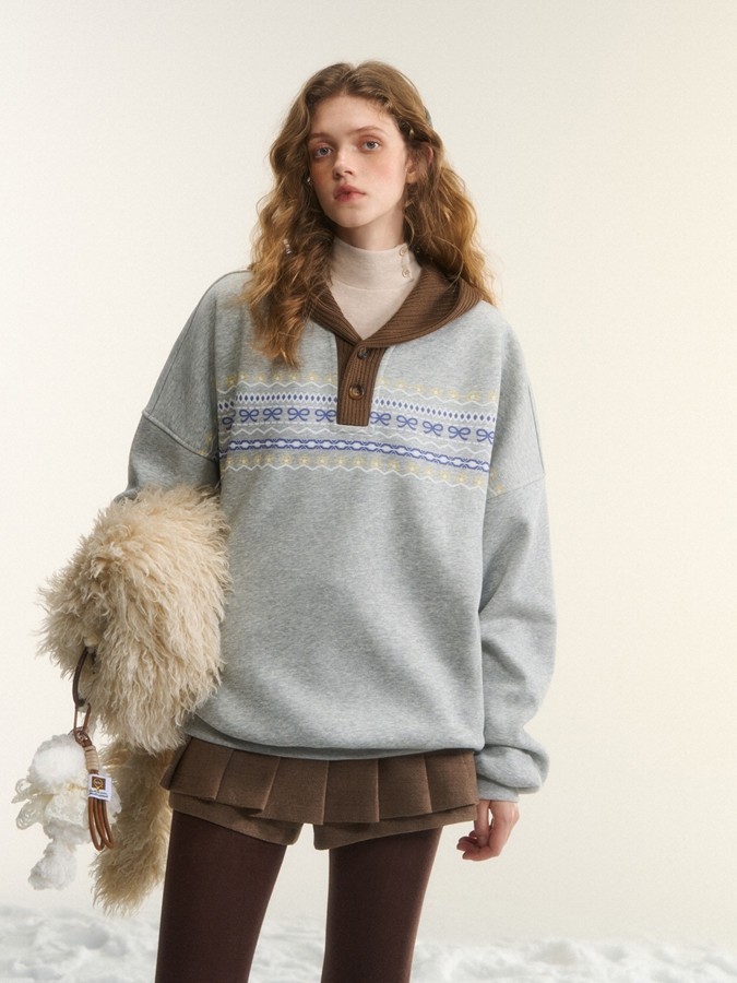 Fair Isle Print Casual Patchwork Colour-block Hooded Sweatshirt