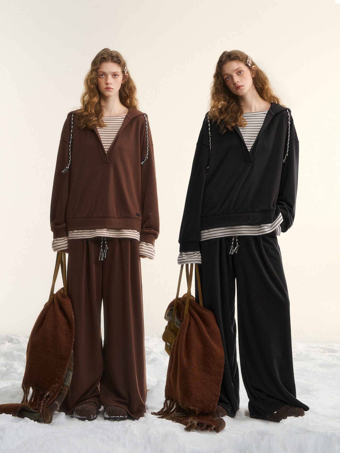 Striped Patchwork Faux Two-piece Hooded Drawstring Sweatshirt + Relaxed-fit Sweatpants