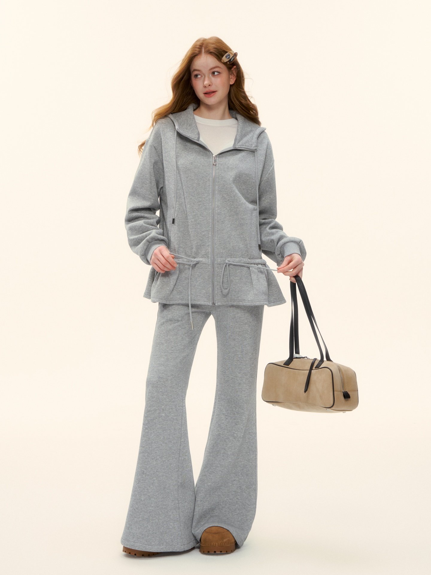 Fleece-lined Hooded Sweatshirt With Slightly Flared Casual Trousers