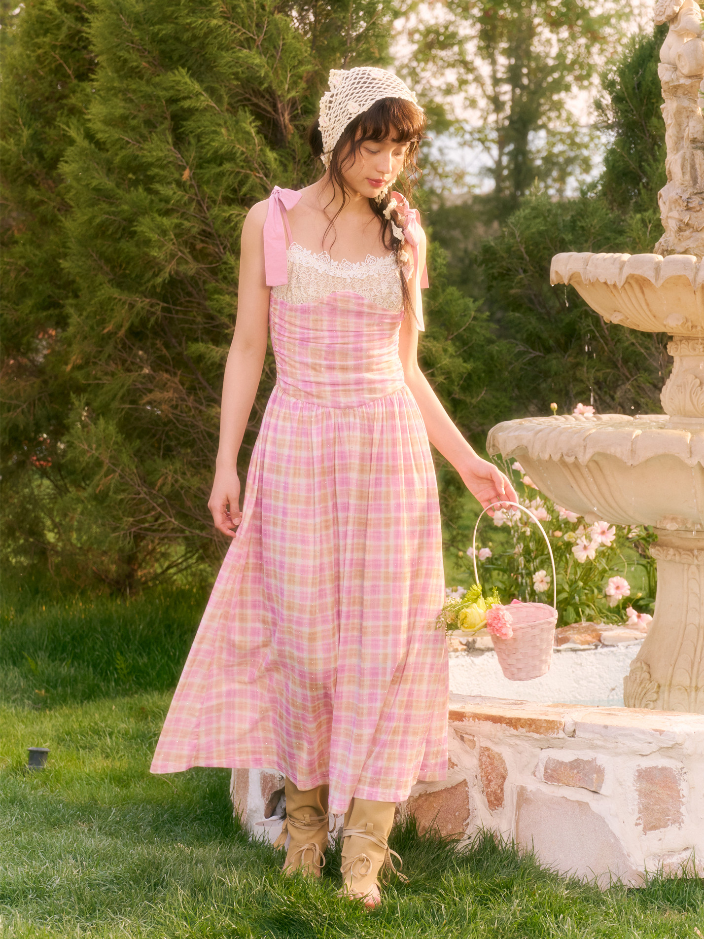 Lace-trimmed Checked Pinafore Dress - Image 5